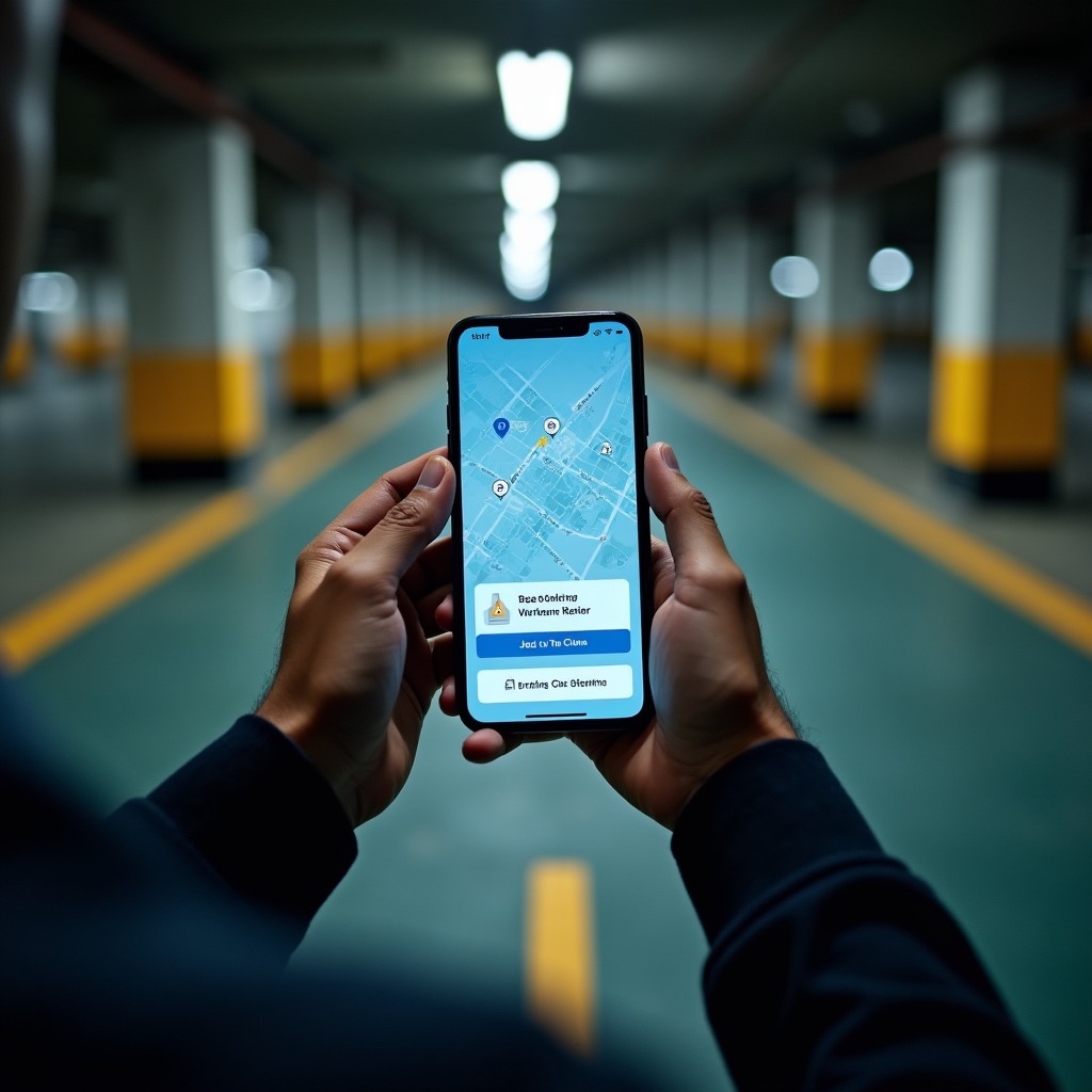 Smartphone s aplikací pro pronájem parkovacího místa v ruce řidiče